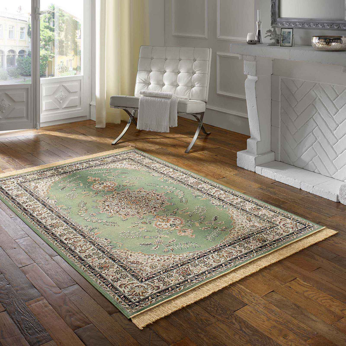 Palazzo Royal Ghoum Teppich Grün mit modernem Orient-Design – Wohnbeispiel, 067x210 cm