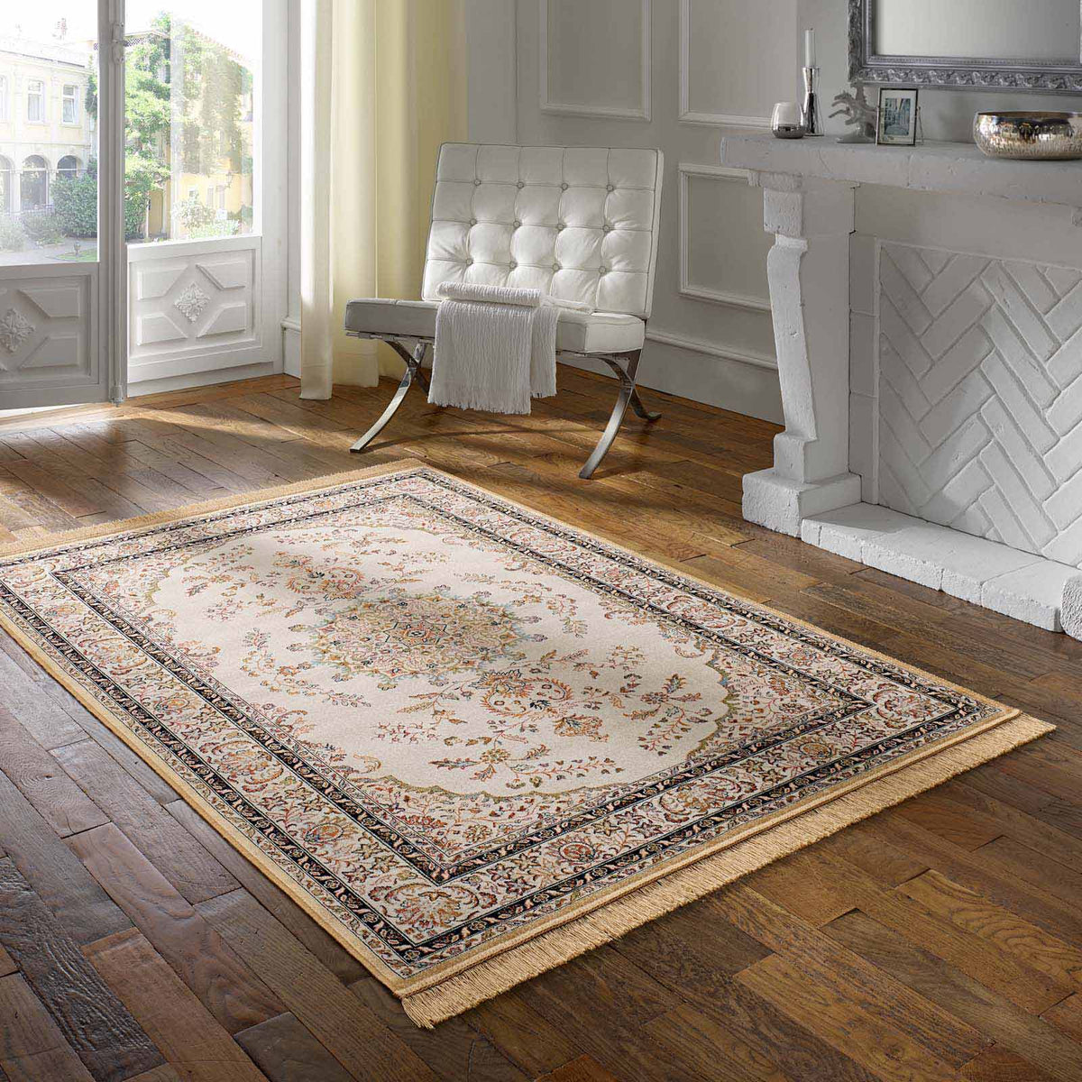 Palazzo Royal Ghoum Teppich Beige mit modernem Orient-Design – Wohnbeispiel, 067x105 cm