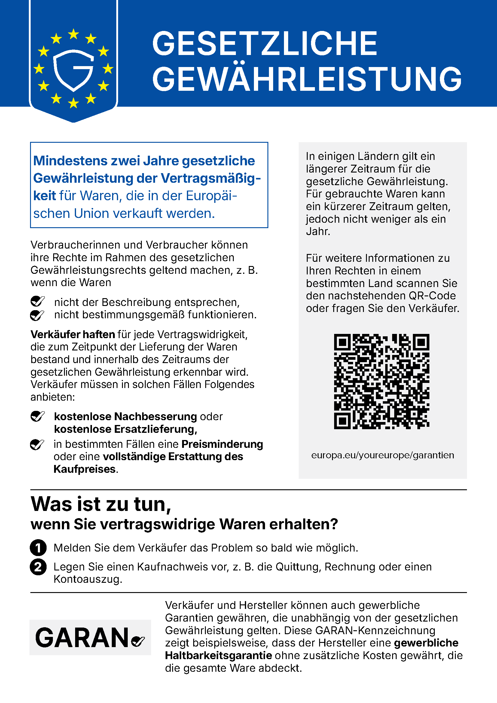 Offizielle Mitteilung der EU zur gesetzlichen Gewährleistung: mindestens zwei Jahre gesetzliche Gewährleistung der Vertragsmäßigkeit für Waren, die in der Europäischen Union verkauft werden.
